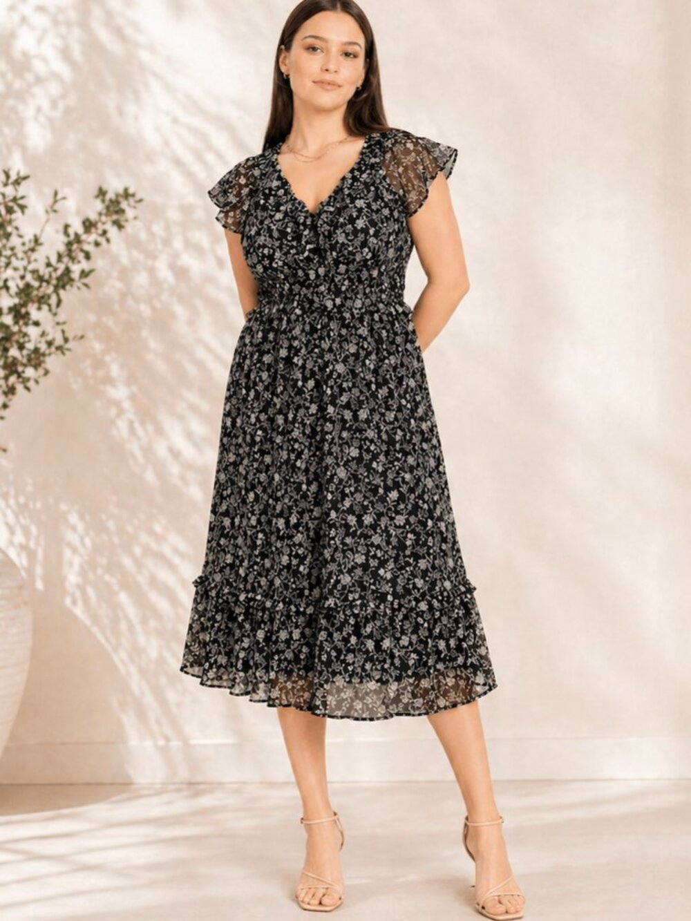 Old Navy Floral Midi Dress Cottagecore Ruffle Hem Flutter Sleeve Boho Feminine